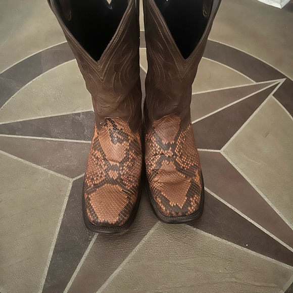 Tecovas Brown and Tan Snake Print Boots - Picture 1 of 5
